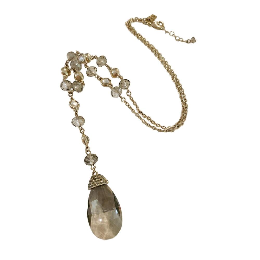 Y2K Smokey Gray Teardrop Crystal Pendant Lariat Necklace: Gold Tone Chain